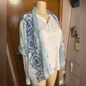 Bcbg hi low sheer kimono teal blue and white luxury Beachy vacation cruise large